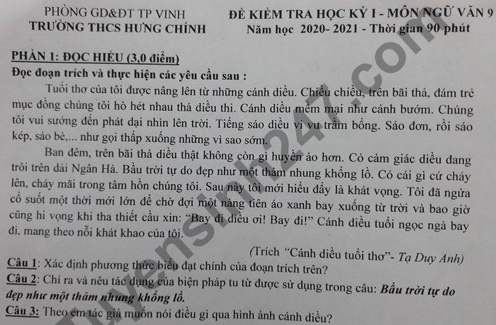 Đề thi học kì 1 Văn lớp 9 năm 2020 THCS Hưng Chính