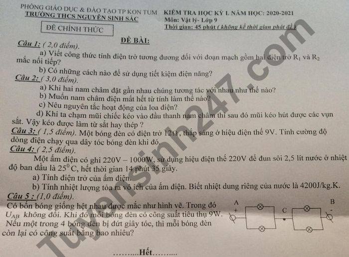 Đề thi học kì 1 năm 2020 môn Lý lớp 9 THCS Nguyễn Sinh Sắc