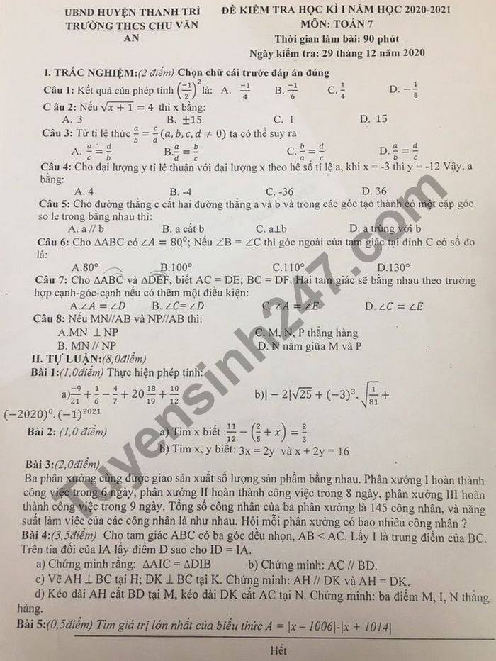 Đề thi học kì 1 môn Toán lớp 7 năm 2020 THCS Chu Văn An