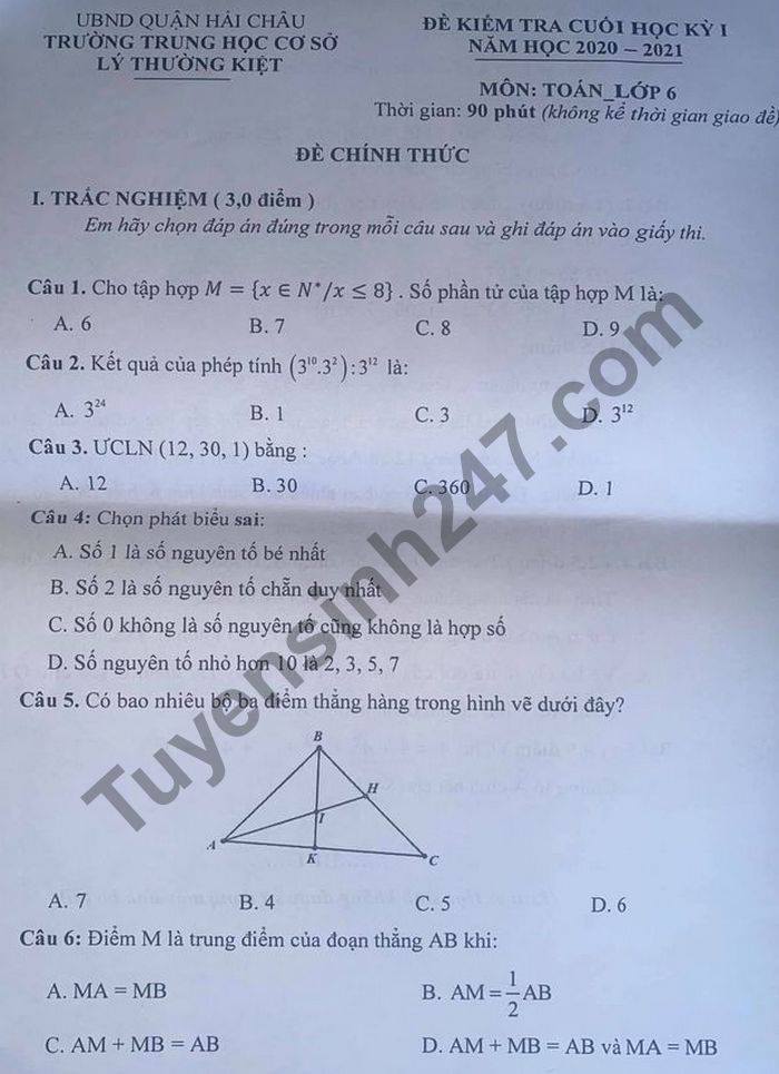 Đề thi học kì 1 Toán lớp 6 năm 2020 THCS Lý Thường Kiệt