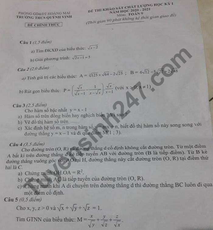 Đề thi học kì 1 lớp 9 môn Toán năm 2020 THCS Quỳnh Vinh