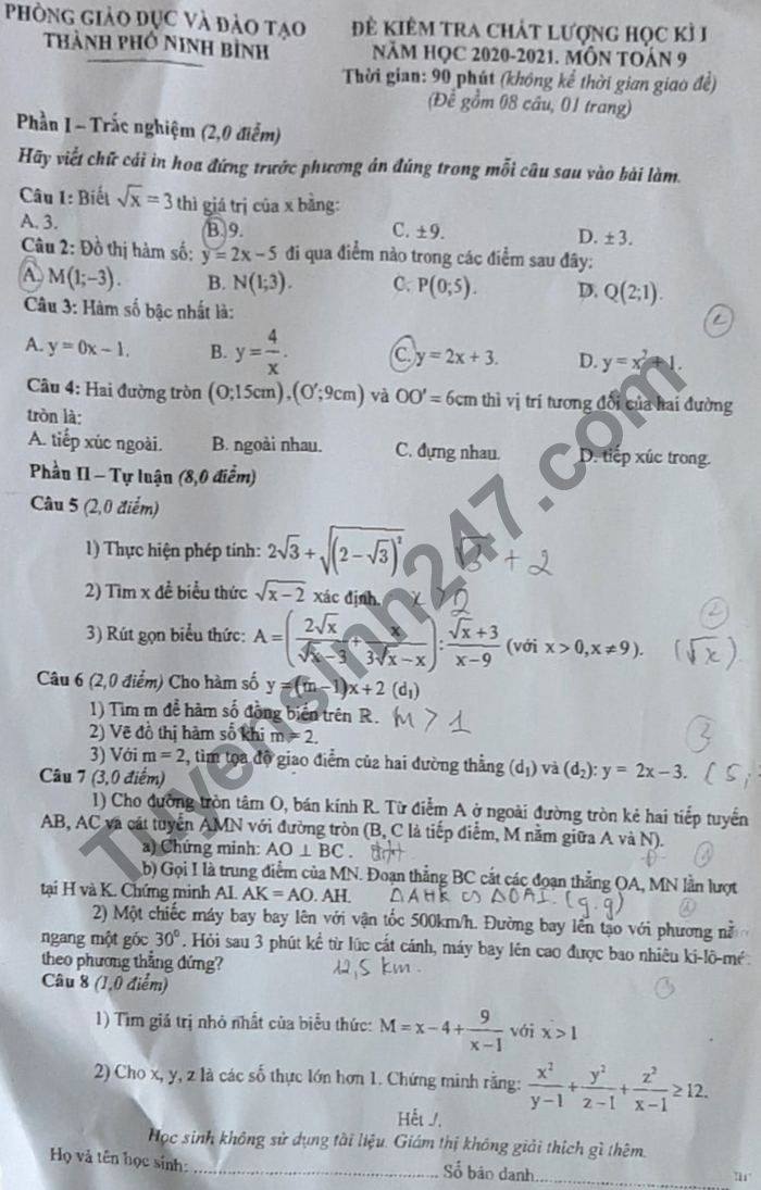 Đề thi học kì 1 Phòng GD TP Ninh Bình môn Toán lớp 9 năm 2020