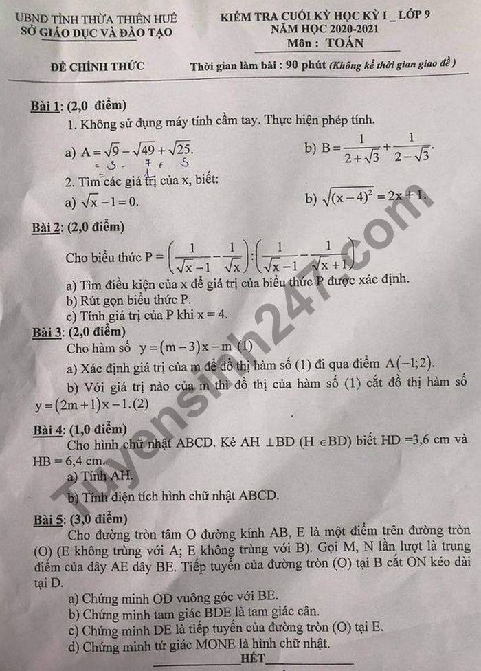 Đề thi học kì 1 tỉnh Thừa Thiên Huế môn Toán lớp 9 năm 2020