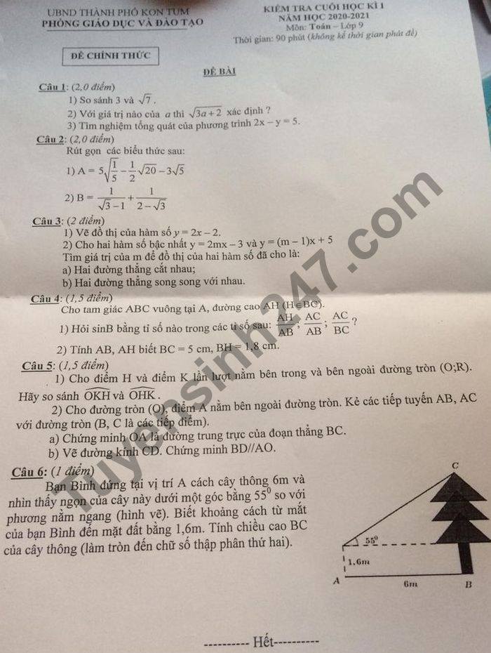 Đề thi học kì 1 Phòng GD TP Kon Tum năm 2020 Toán lớp 9 