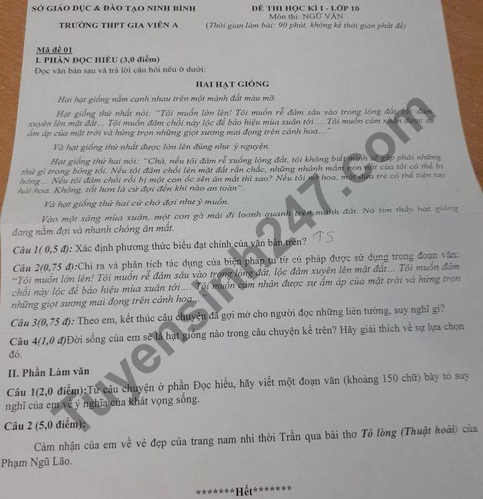 Đề thi học kì 1 môn Văn lớp 10 năm 2020 THPT Gia Viên A 
