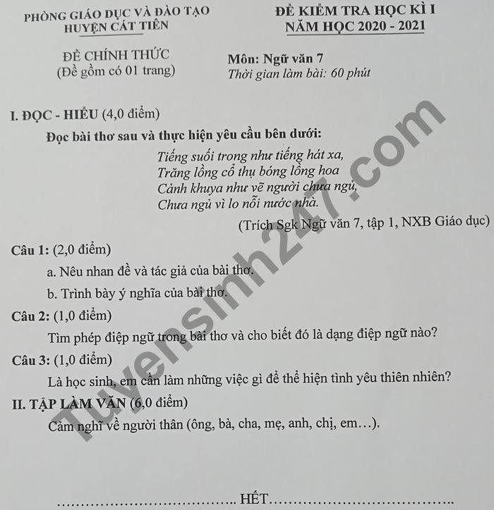 Đề thi học kì 1 năm 2020 huyện Cát Tiên môn Văn lớp 7 