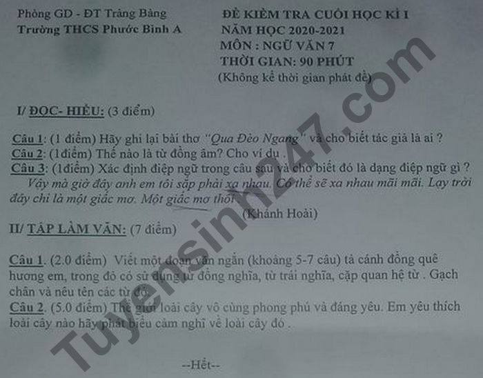 Đề thi học kì 1 môn Văn lớp 7 năm 2020 THCS Phước Bình A 