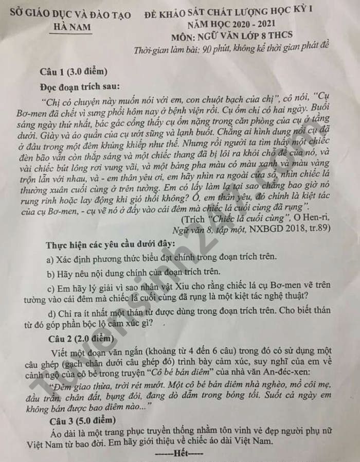 Đề thi học kì 1 Sở GD Hà Nam năm 2020 môn Văn lớp 8 