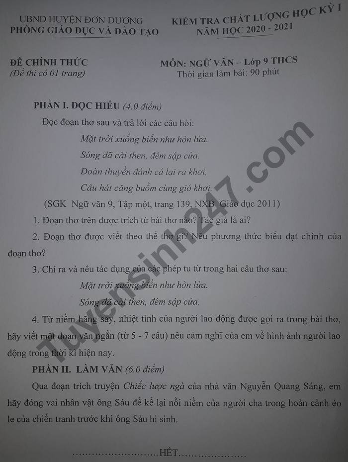 Đề thi học kì 1 môn Văn lớp 9 năm 2020 huyện Đơn Dương
