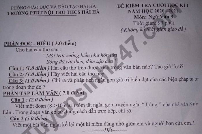 Đề thi học kì 1 môn Văn lớp 9 năm 2020 PTDTNT THCS Hải Hà
