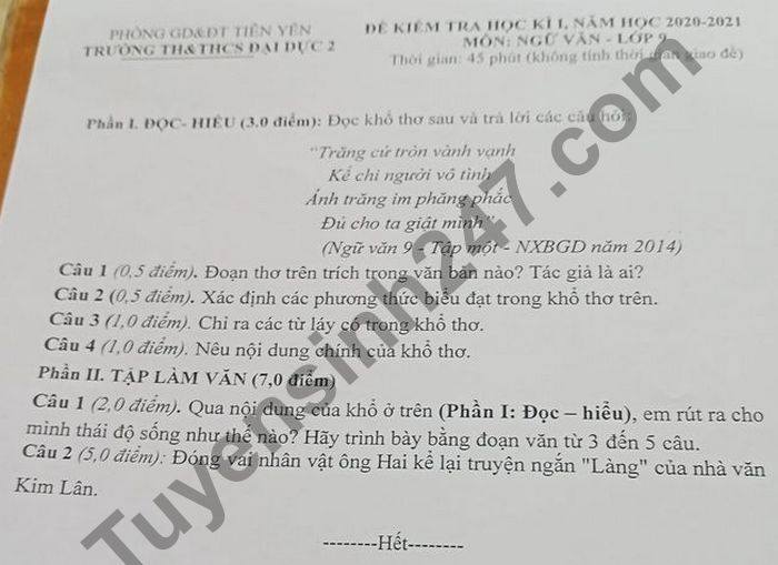Đề thi học kì 1 môn Văn lớp 9 năm 2020 TH-THCS Đại Dực 2