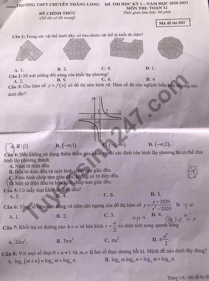 Đề thi học kì 1 THPT Chuyên Thăng Long 2020 môn Toán lớp 12