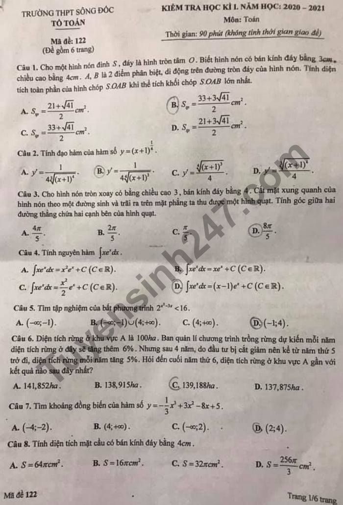 Đề thi học kì 1 Trường THPT Sông Đốc năm 2020 lớp 12 môn Toán