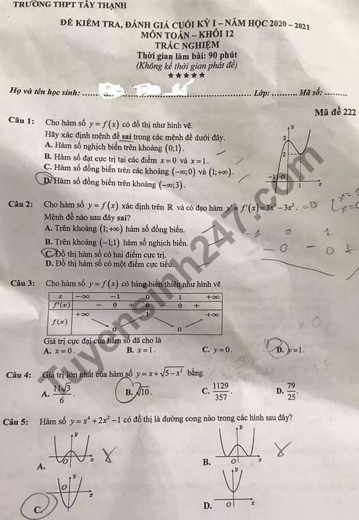 Đề thi học kì 1 THPT Tây Thạnh năm 2020 môn Toán lớp 12