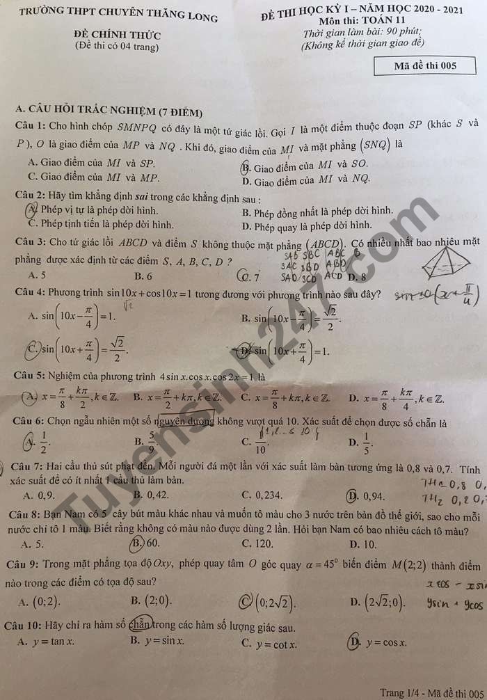 Đề thi học kì 1 lớp 11 môn Toán THPT Chuyên Thăng Long 2020