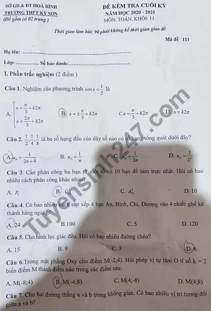 Đề thi học kì 1 lớp 11 môn Toán năm 2020 Trường THPT Kỳ Sơn