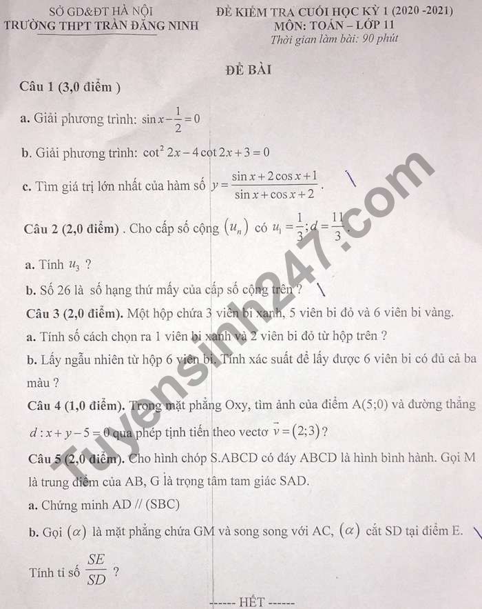 Đề thi học kì 1 THPT Trần Đăng Ninh 2020 môn Toán lớp 11