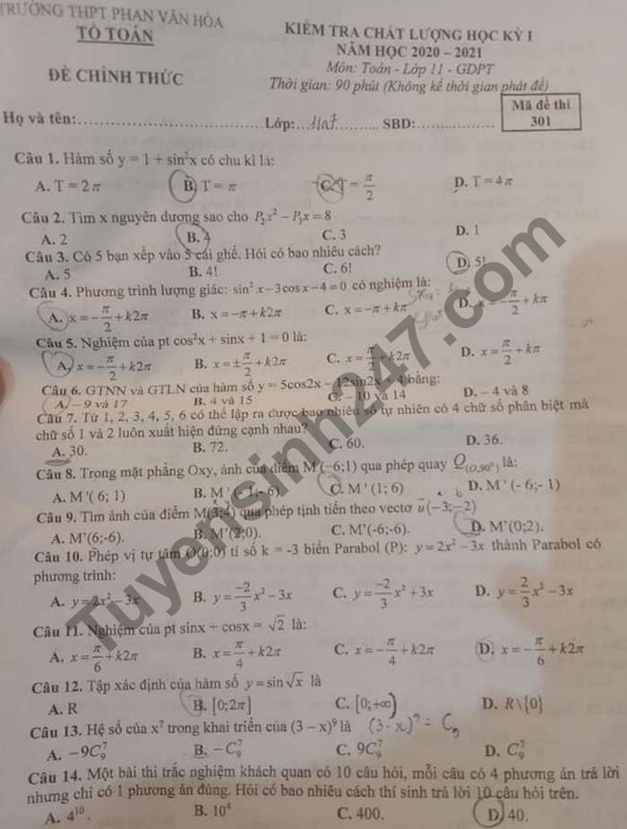 Đề thi học kì 1 môn Toán lớp 11 THPT Phan Văn Hòa năm 2020 