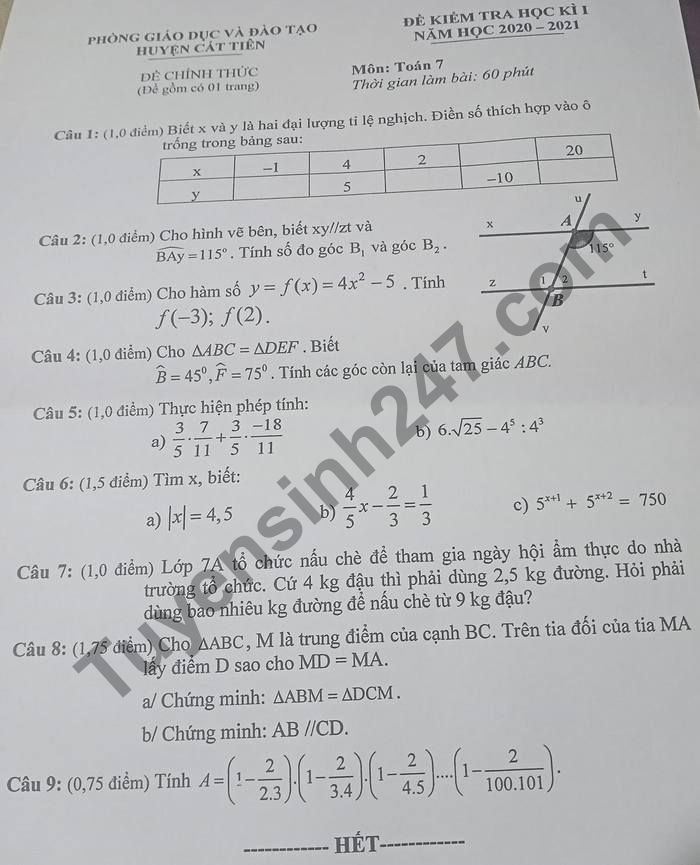 Đề thi học kì 1 môn Toán lớp 7 năm 2020 Phòng GD huyện Cát Tiên