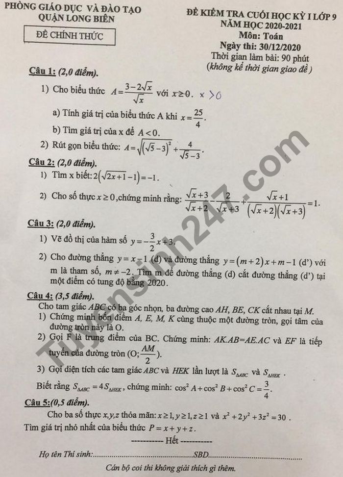 Đề thi học kì 1 Phòng GD Quận Long Biên lớp 9 môn Toán năm 2020