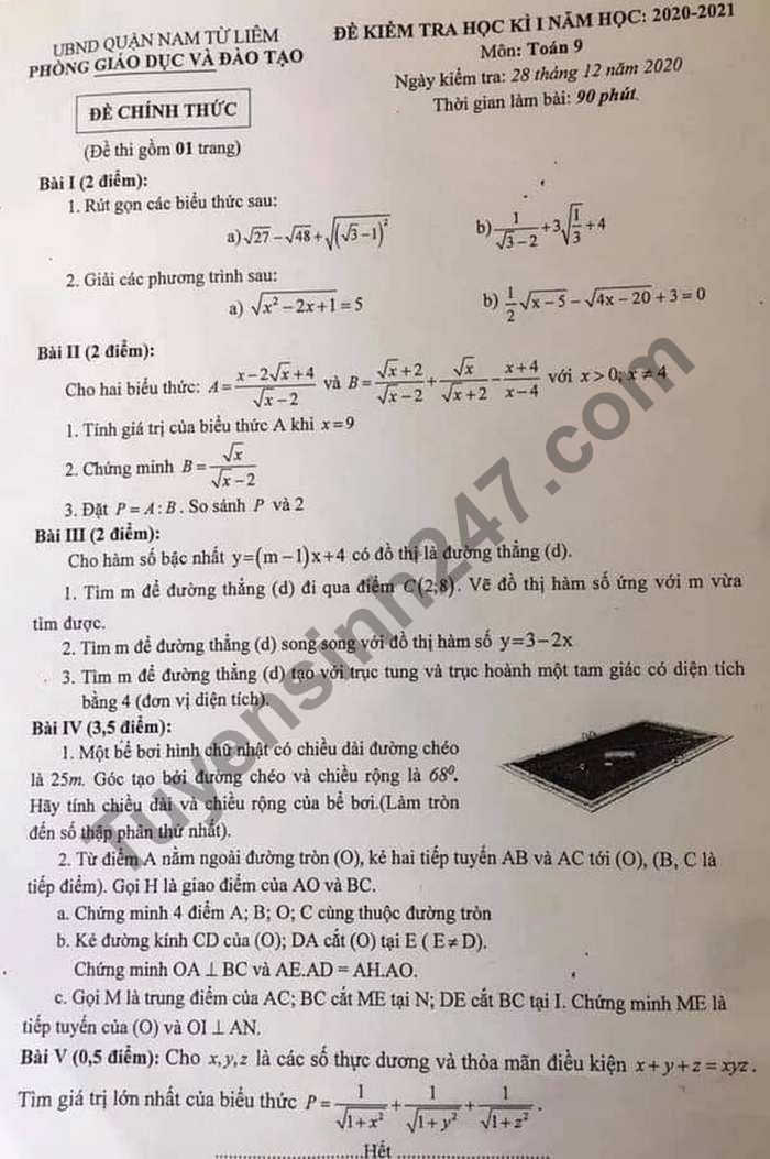 Đề thi học kì 1 lớp 9 môn Toán năm 2020 Quận Nam Từ Liêm