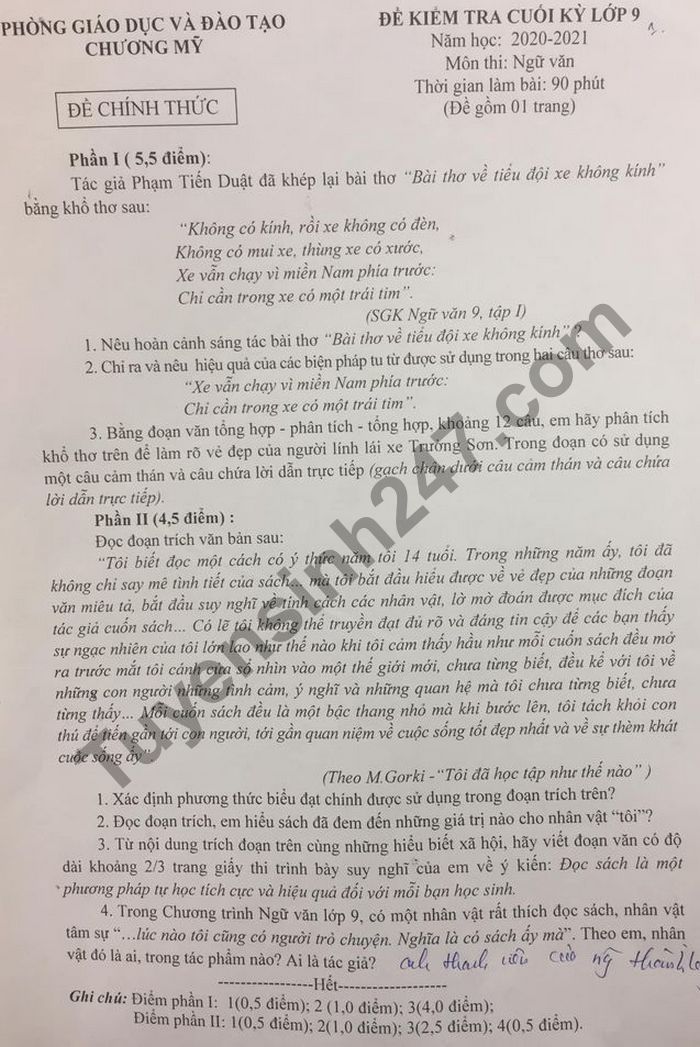 Đề thi học kì 1 Phòng GD Chương Mỹ năm 2020 lớp 9 môn Văn
