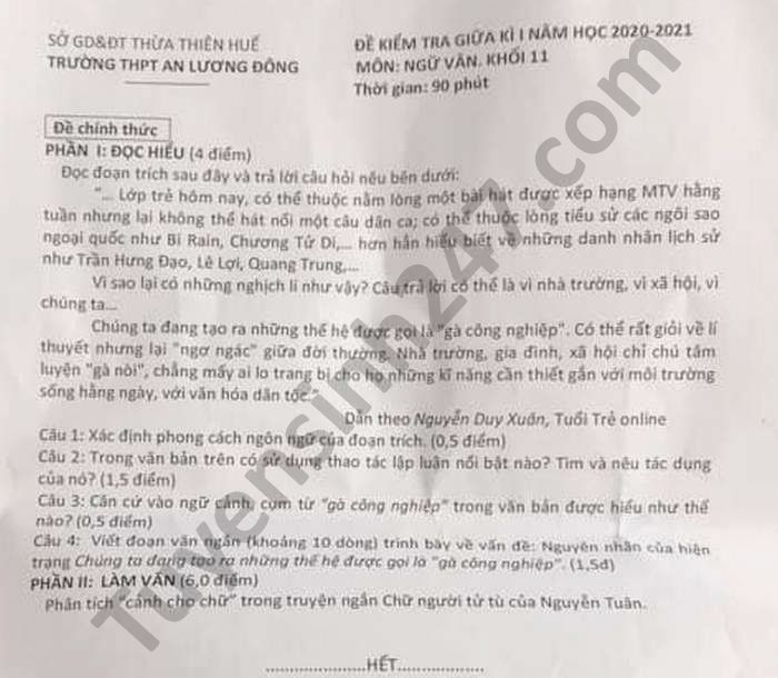 Đề thi học kì 1 lớp 11 môn Văn năm 2020 THPT An Lương Đông 