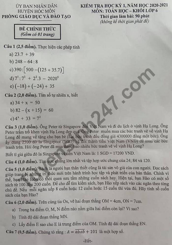 Đề thi học kì 1 Toán lớp 6 huyện Hóc Môn năm 2020