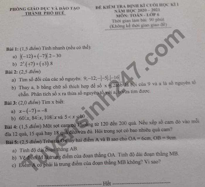 Đề thi học kì 1 Toán lớp 6 năm 2020 Phòng GD Thành phố Huế 