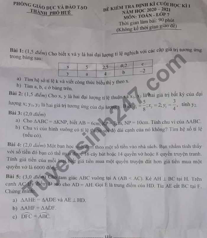 Đề thi học kì 1 năm 2020 Phòng GD Thành phố Huế môn Toán lớp 7