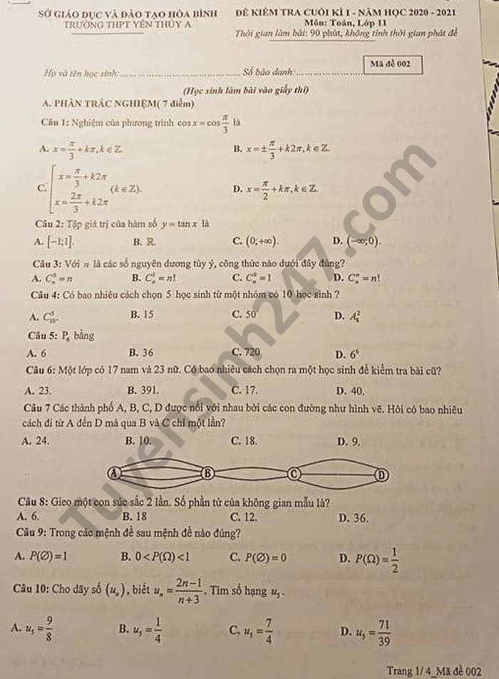 Đề thi học kì 1 năm 2020 môn Toán lớp 11 THPT Yên Thủy A