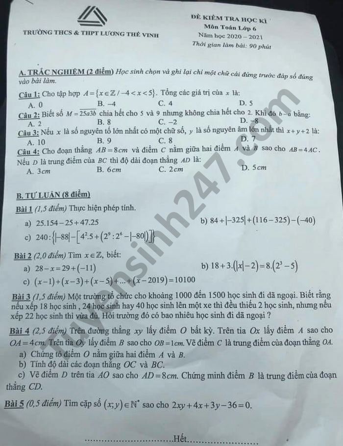 Đề thi học kì 1 Toán lớp 6 năm 2020 THCS-THPT Lương Thế Vinh