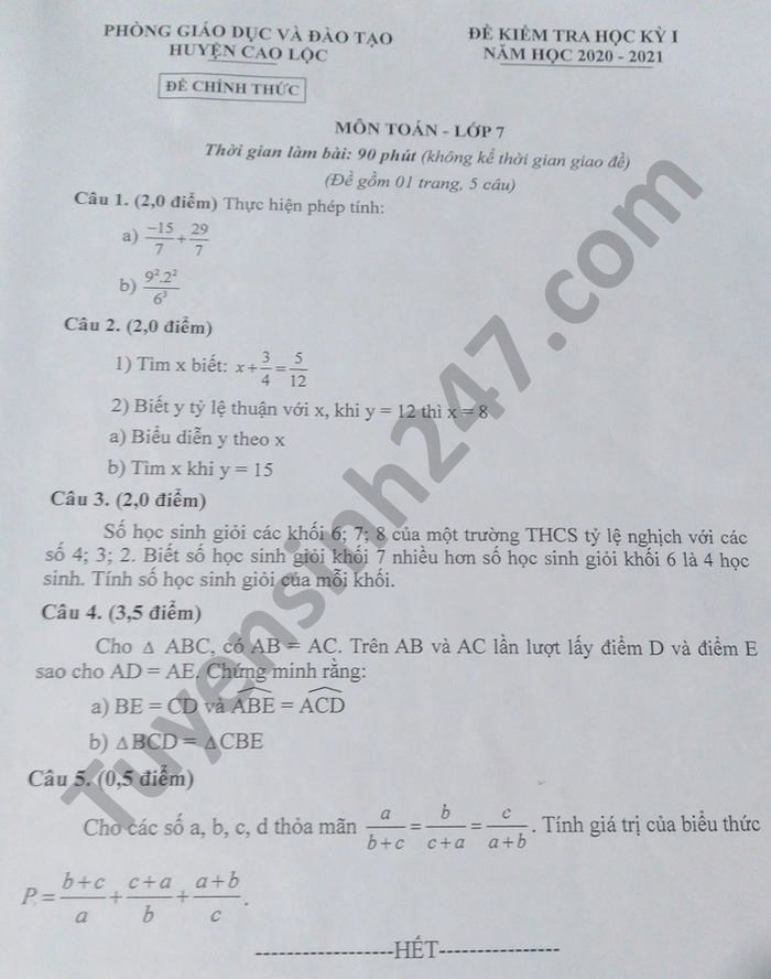 Đề thi học kì 1 Toán lớp 7 năm 2020 Phòng GD huyện Cao Lộc