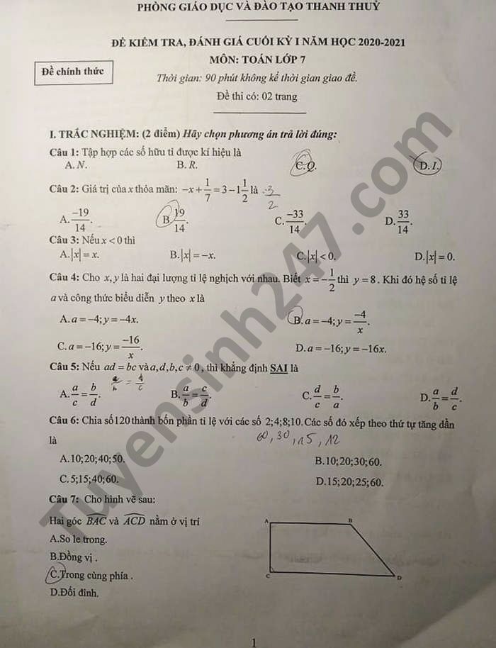 Đề thi học kì 1 năm 2020 Toán lớp 7 Phòng GD Thanh Thủy 