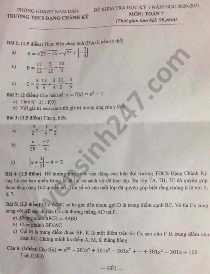 Đề thi học kì 1 năm 2020 THCS Đặng Chánh Kỷ môn Toán lớp 7 