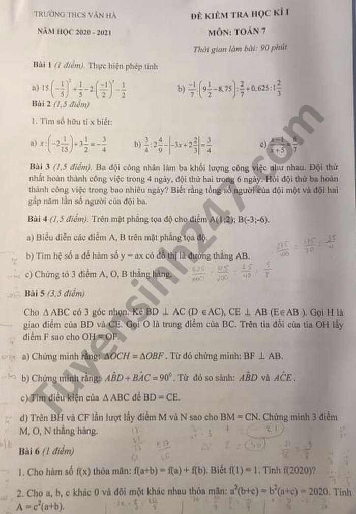 Đề thi học kì 1 năm 2020 Toán lớp 7 THCS Vân Hà