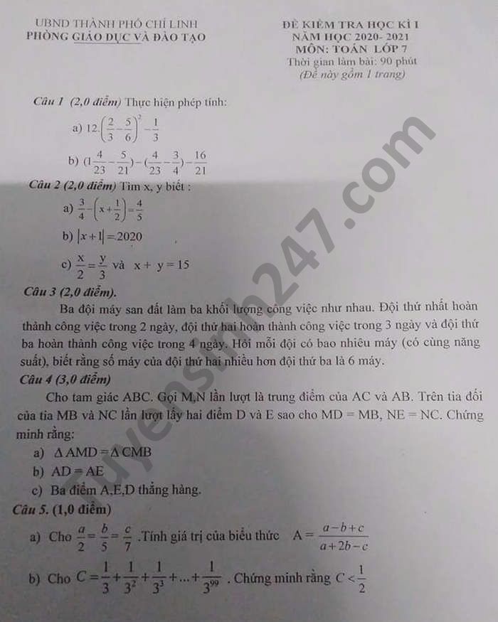 Đề thi học kì 1 Phòng GD TP Chí Linh môn Toán lớp 7 năm 2020 