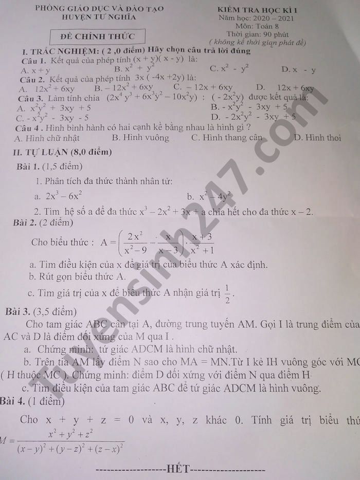 Đề thi học kì 1 năm 2020 môn Toán lớp 8 huyện Tư Nghĩa