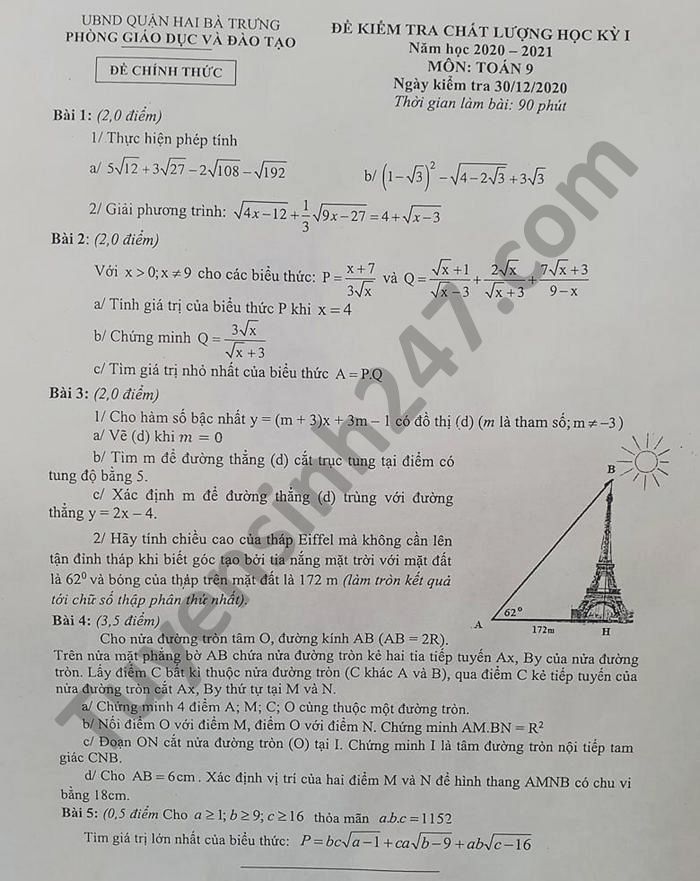 Đề thi học kì 1 năm 2020 Toán lớp 9 Quận Hai Bà Trưng 