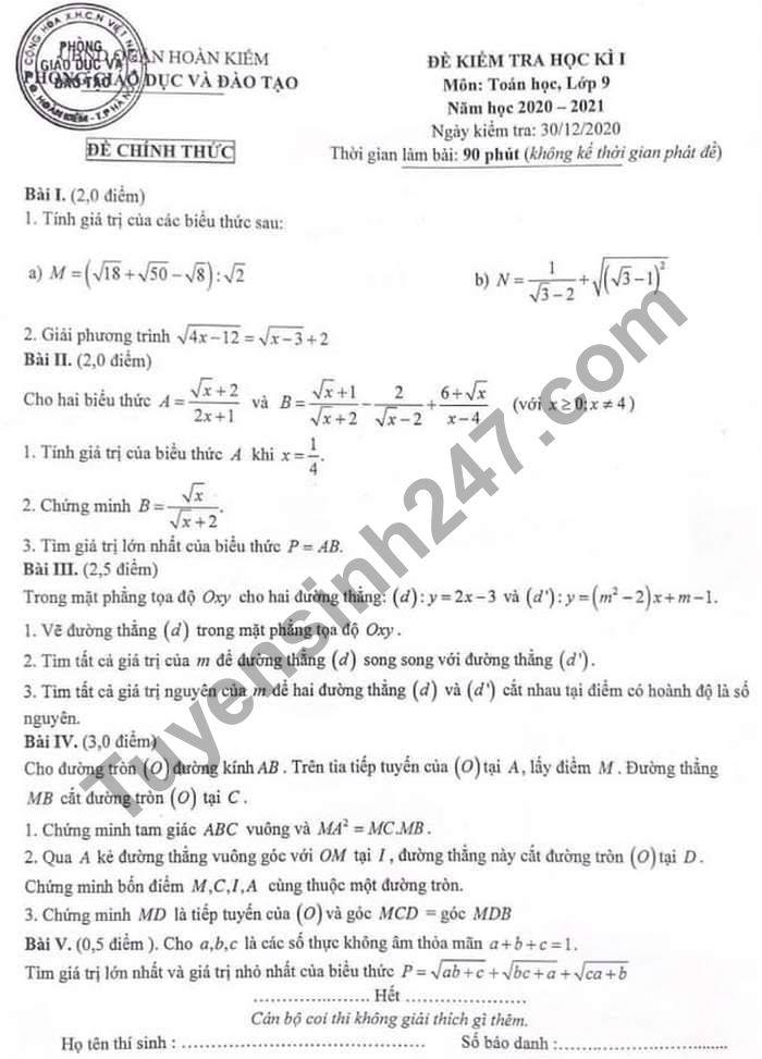 Đề thi học kì 1 năm 2020 Toán lớp 9 Phòng GD Quận Hoàn Kiếm