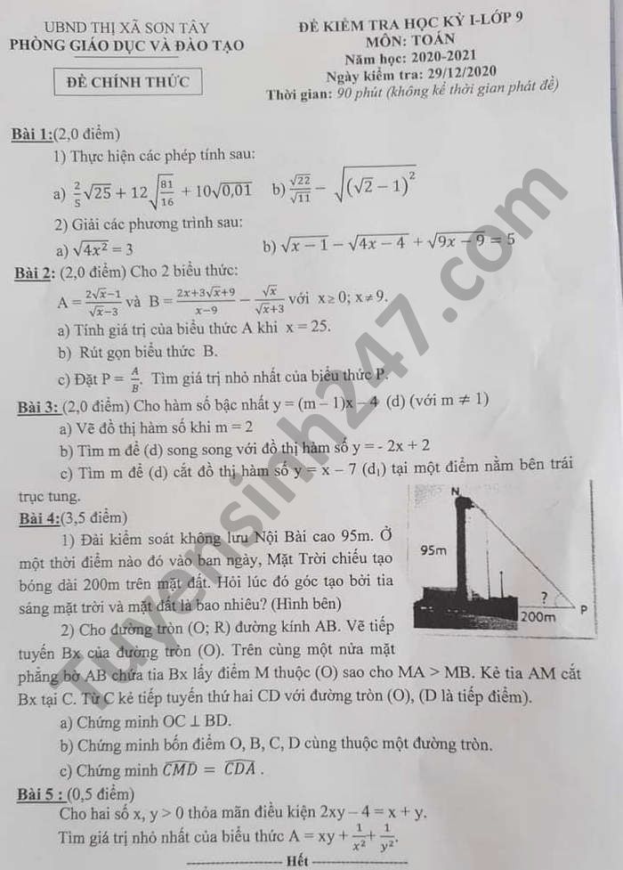 Đề thi học kì 1 Phòng GD TX Sơn Tây Toán lớp 9 năm 2020 