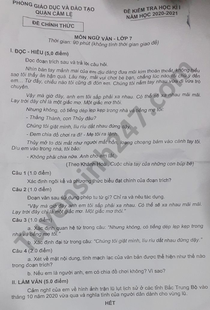 Đề thi học kì 1 môn Văn lớp 7 Phòng GD Quận Cẩm Lệ năm 2020