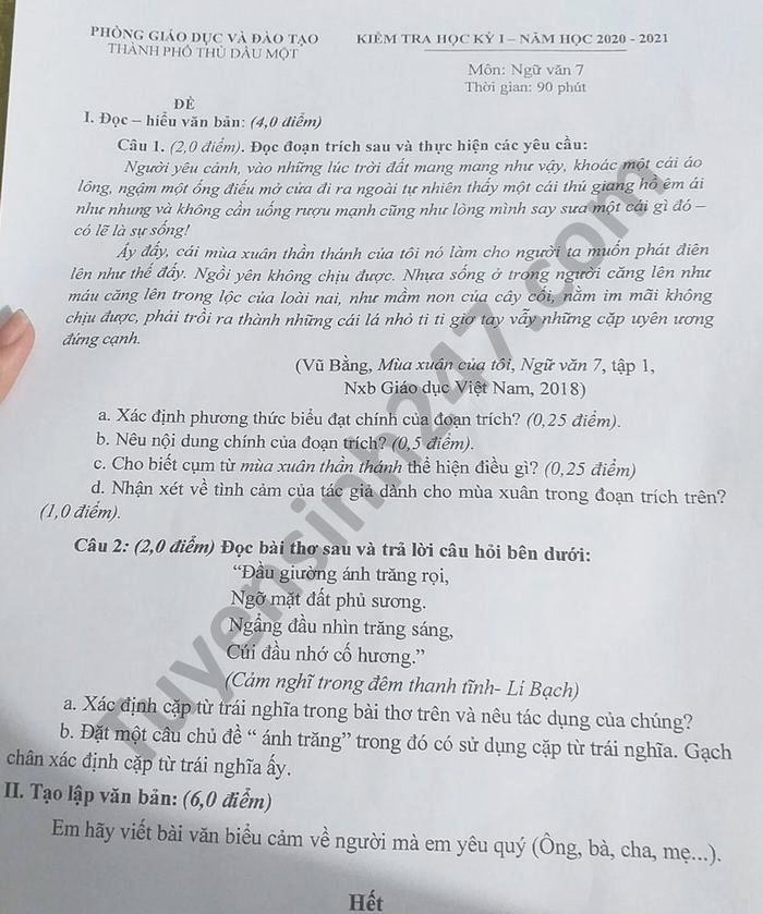 Đề thi học kì 1 2020 môn Văn lớp 7 Phòng GD TP Thủ Dầu Một 