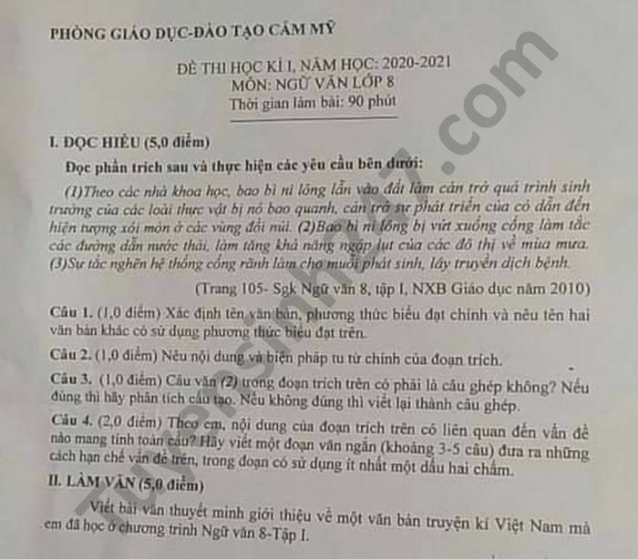 Đề thi học kì 1 năm 2020 Phòng GD Cẩm Mỹ môn Văn lớp 8