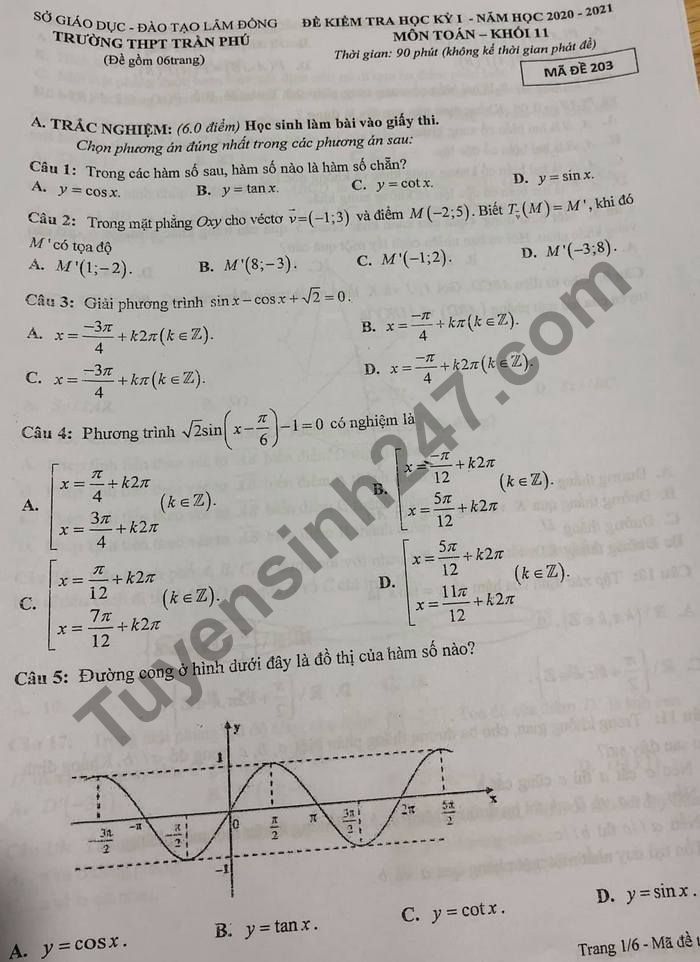 Đề thi học kì 1 Trường THPT Trần Phú năm 2020 môn Toán lớp 11