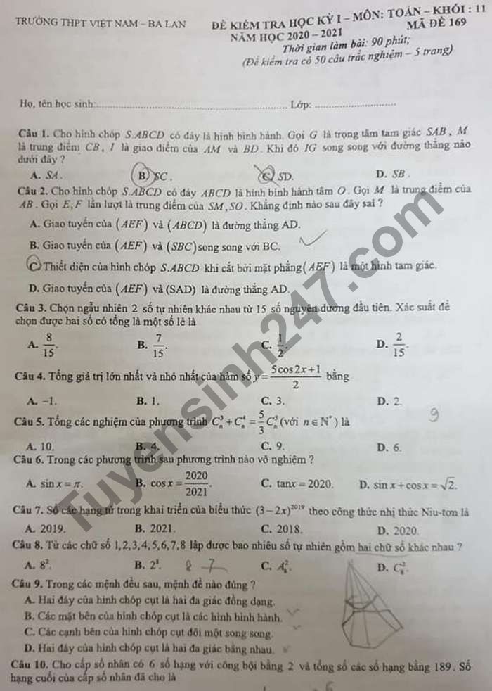 Đề thi học kì 1 THPT Việt Nam-Ba Lan năm 2020 môn Toán lớp 11