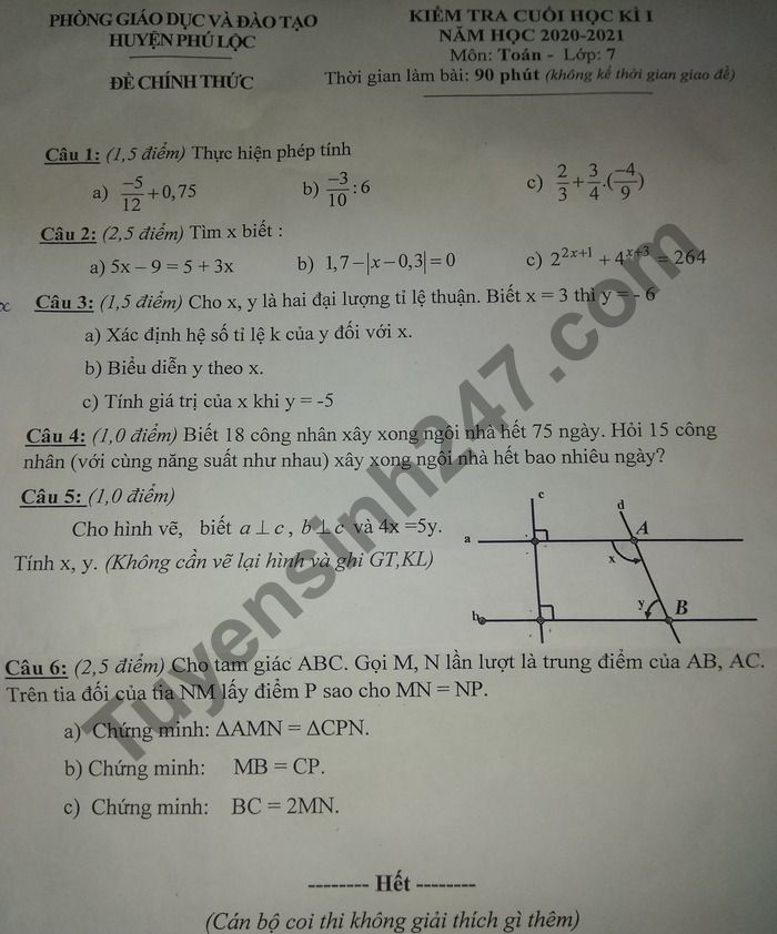 Đề thi học kì 1 môn Toán lớp 7 Phòng GD huyện Phú Lộc 2020