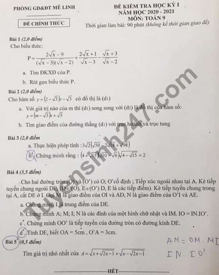 Đề thi học kì 1 năm 2020 Phòng GD Mê Linh lớp 9 môn Toán 