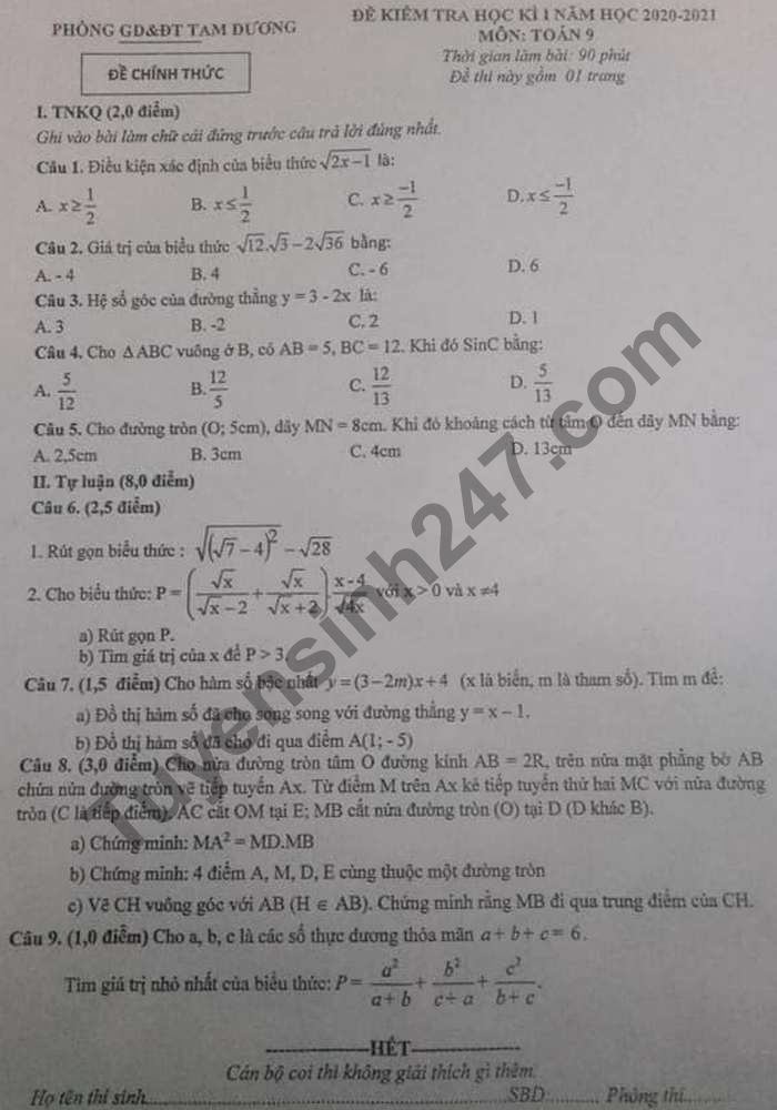 Đề thi học kì 1 Phòng GD Tam Dương lớp 9 môn Toán năm 2020
