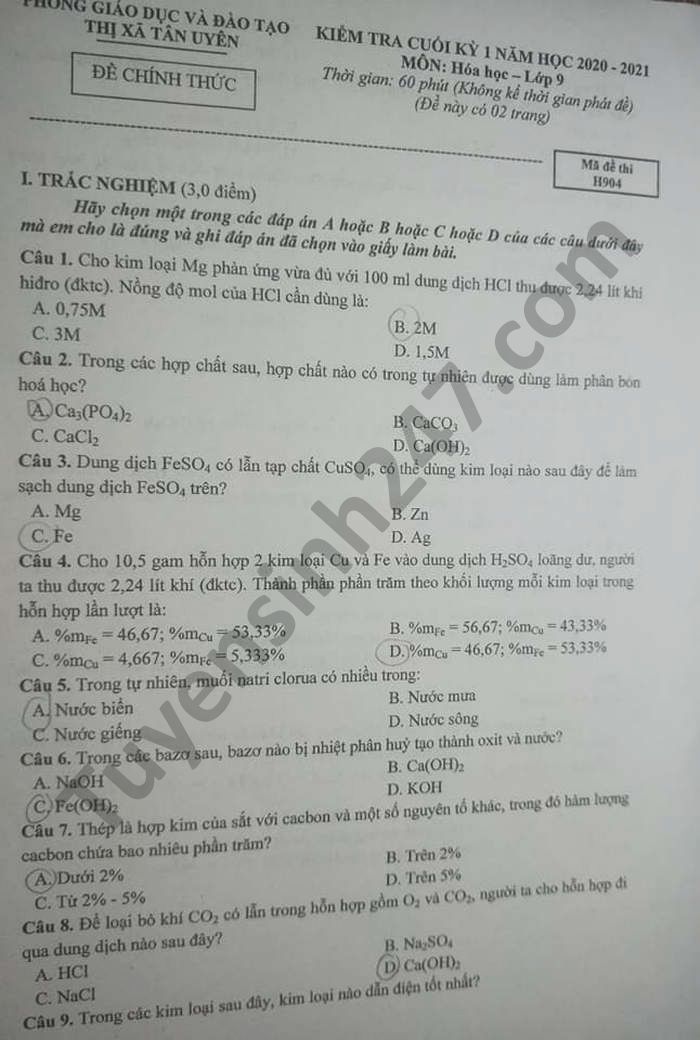 Đề thi học kì 1 năm 2020 Thị xã Tân Uyên môn Hóa lớp 9